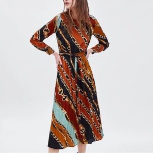 ZARA Silky Chain Belting Scarf Print Midi Dress